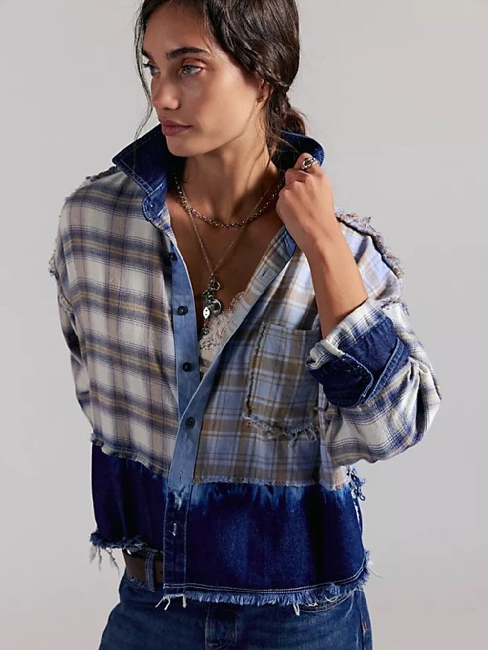 Free People The Tales Mixed Denim Button Down